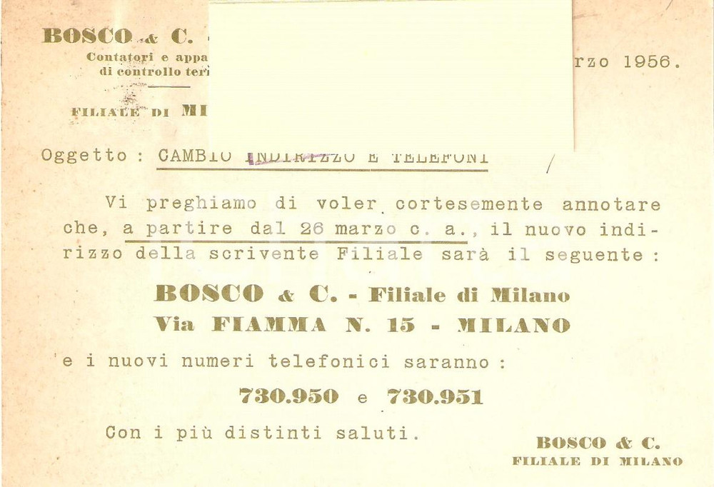 Cartolina originale da collezione 1956 MILANO SocietÃ  BOSCO Apparecchi controllo termico *Cartolina Commerciale 1