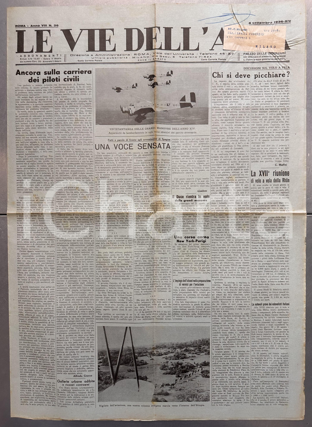 Giornale, rivista storica 1936 LE VIE DELL'ARIA Carriera dei piloti dell'aviazione civile *Giornale 1
