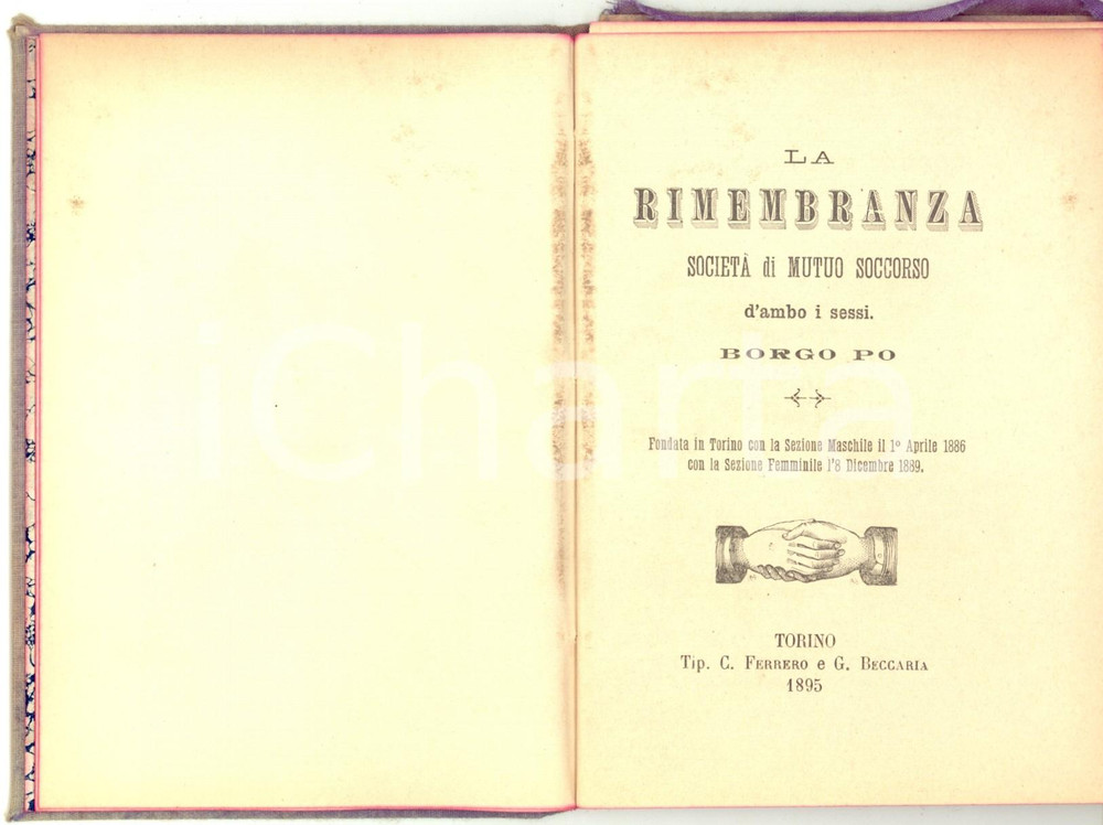 Documento originale, autentico 1895 TORINO Libretto Celestino TORNIELLI Società Mutuo Soccorso LA RIMEMBRANZA 1