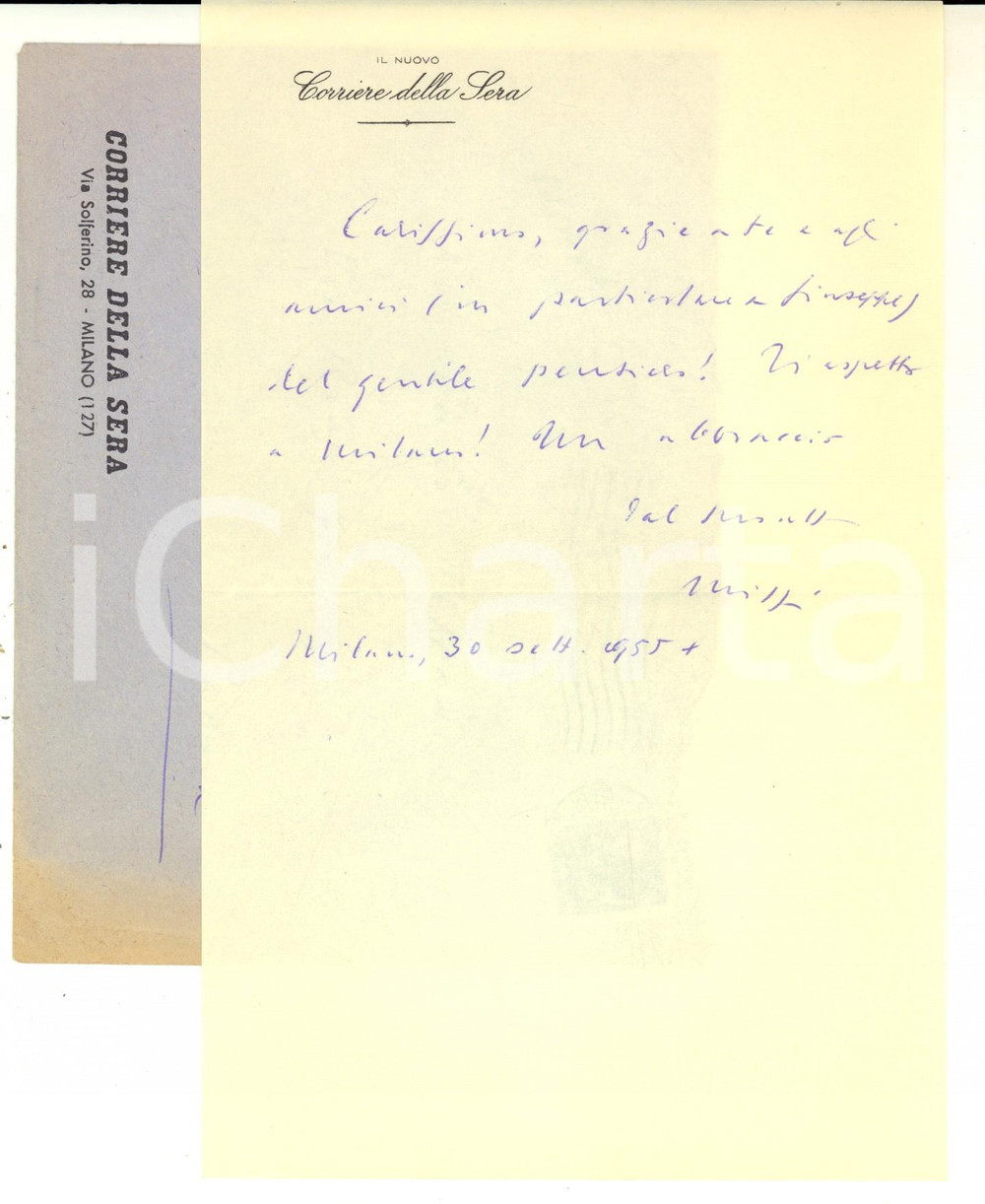 Autografo originale 1955 MILANO CORRIERE DELLA SERA Lettera Mario MISSIROLI ringraziamento AUTOGRAFO 1