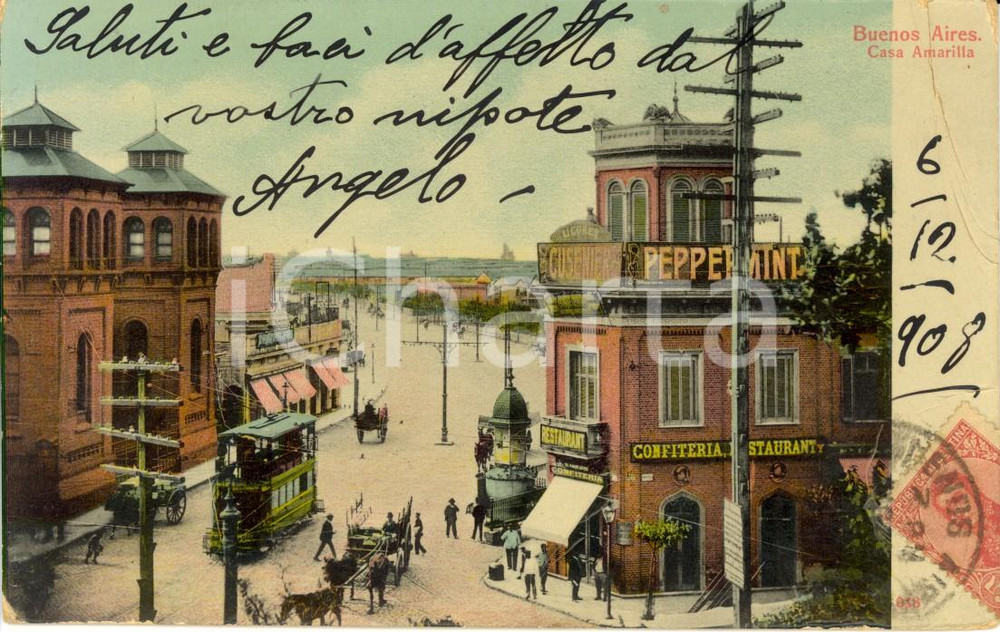 Cartolina originale da collezione 1908 BUENOS AIRES AR Casa AMARILLA  Liquori CUSENIER Peppermint Cartolina VG 1