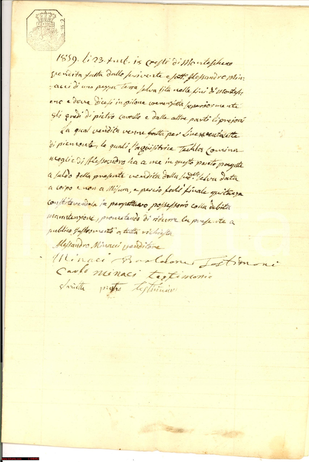 Documento originale, autentico 1859 MONTESCHENO (VB) Alessandro MINACCI vende selva 1