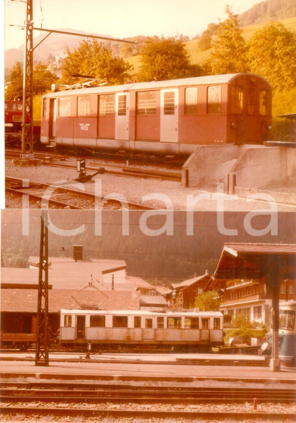 Fotografia d epoca originale 1975 SVIZZERA MONTREUXBERNEROBERLAND MOB Treno passeggeri Lotto 2 fotografie 1