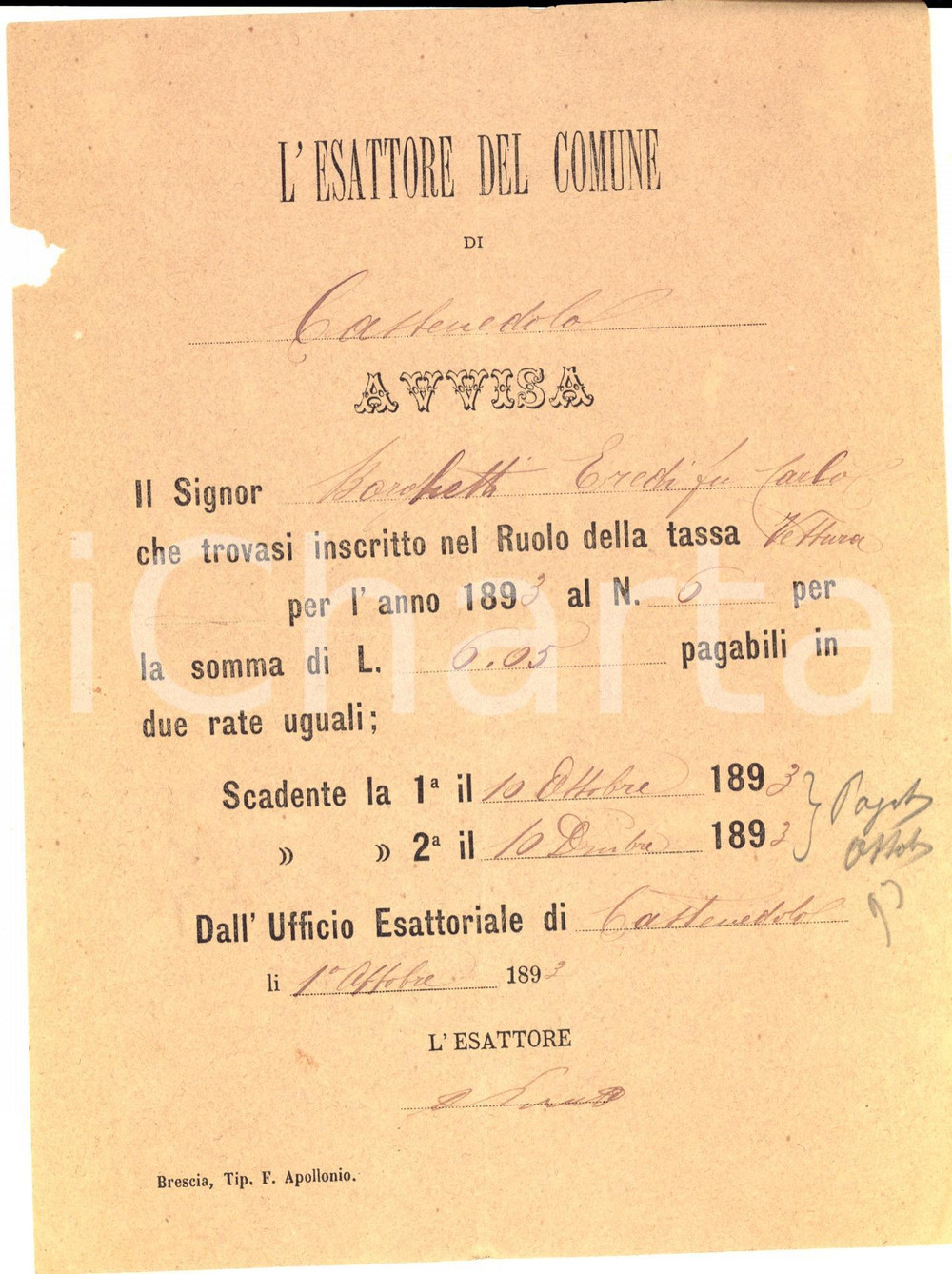 Documento originale, autentico 1893 CASTENEDOLO (BS) Avviso di iscrizione ruolo per eredi Carlo BORGHETTI 1