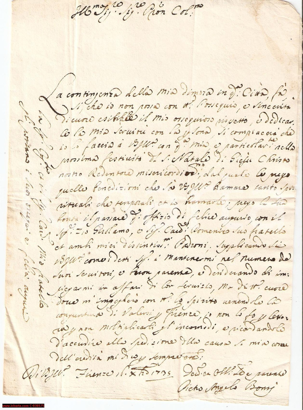 Manoscritto, lettera originale 1735 FIRENZE Pietro Angelo BONSI  Lettera di auguri natalizi 1