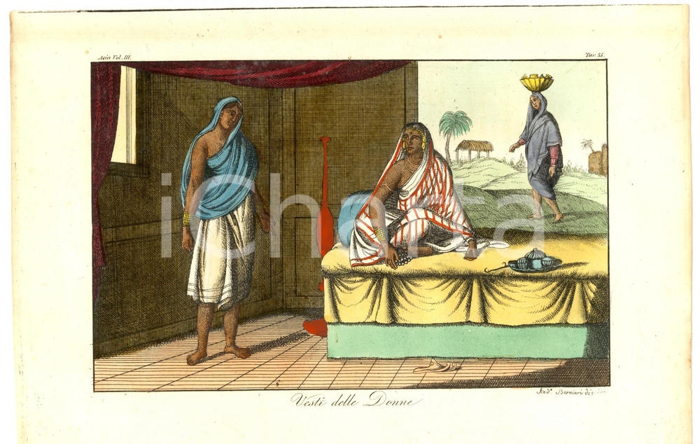 Stampa, bozzetto originale 1824 COSTUME ASIA Vesti delle donne Colorata a mano 1