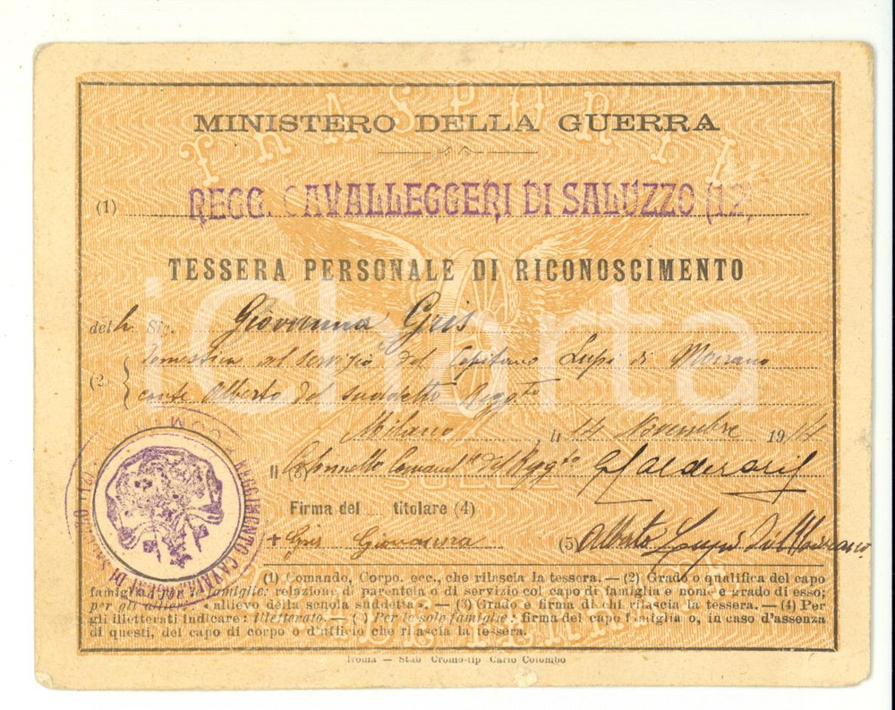 Oggetto da collezione cartaceo 1914 Cavalleggeri di Saluzzo, tessera ferroviaria 1