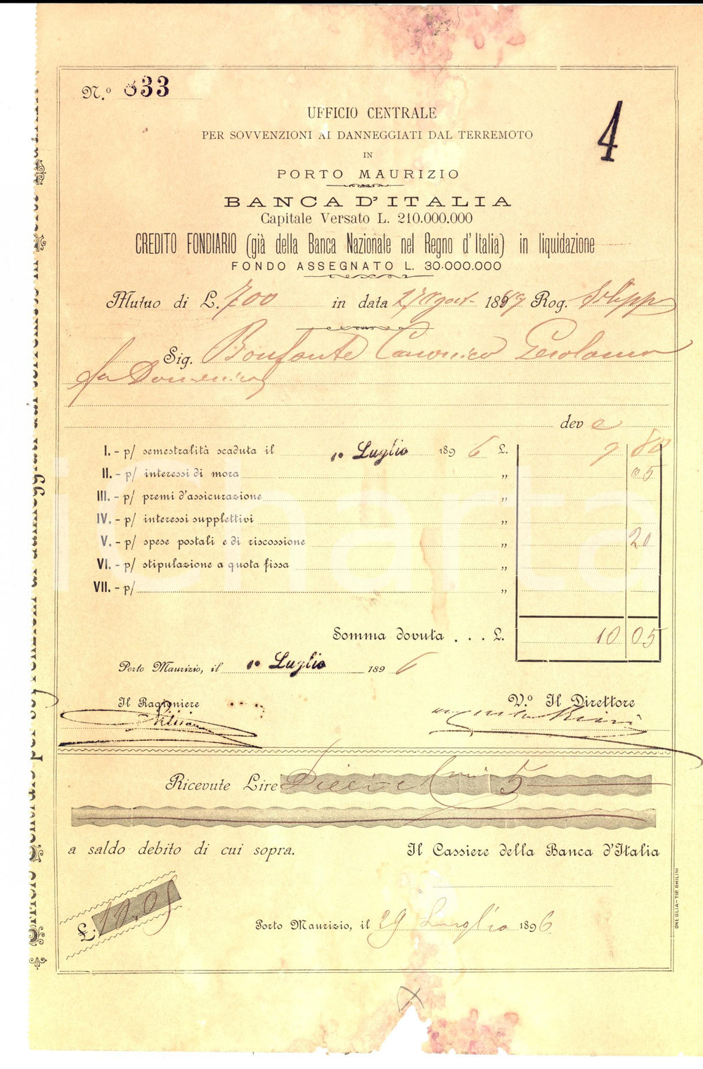 Documento originale, autentico 1896 PORTO MAURIZIO (IM) Prestito BANCA D'ITALIA - Danneggiati dal terremoto 1
