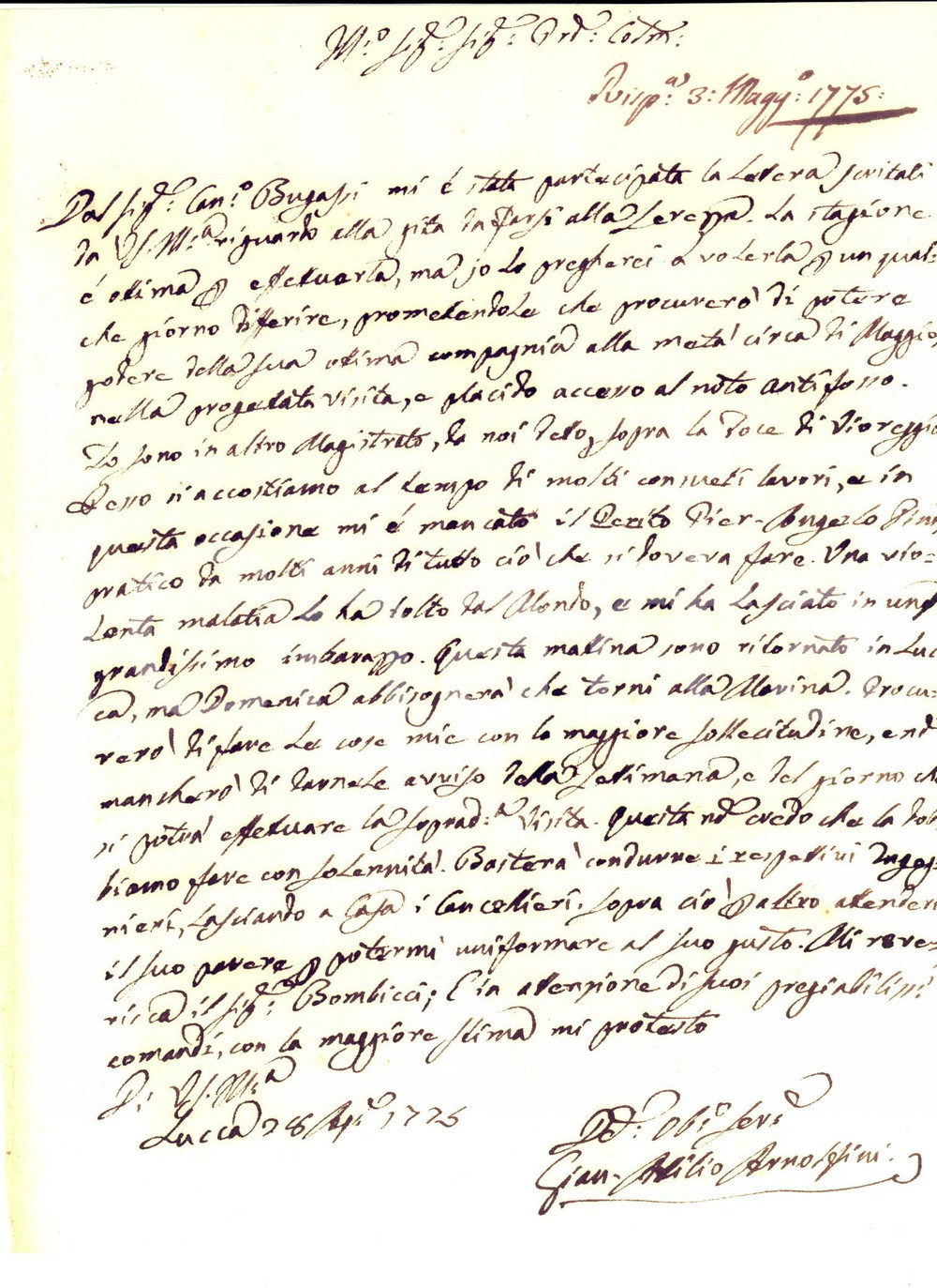 Manoscritto, lettera originale 1775 LUCCA Gian Attilio ARNOLFINI in grandissimo imbarazzo per morte del perito 1