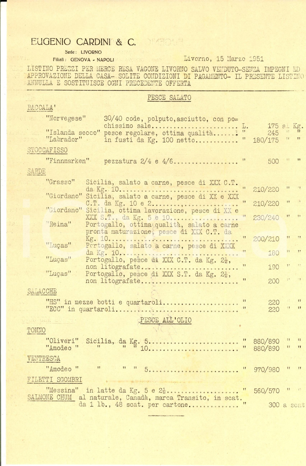 Documento originale, autentico 1951 LIVORNO Ditta Eugenio CARDINI  Listino reso baccalà, stoccafisso e sarde 1