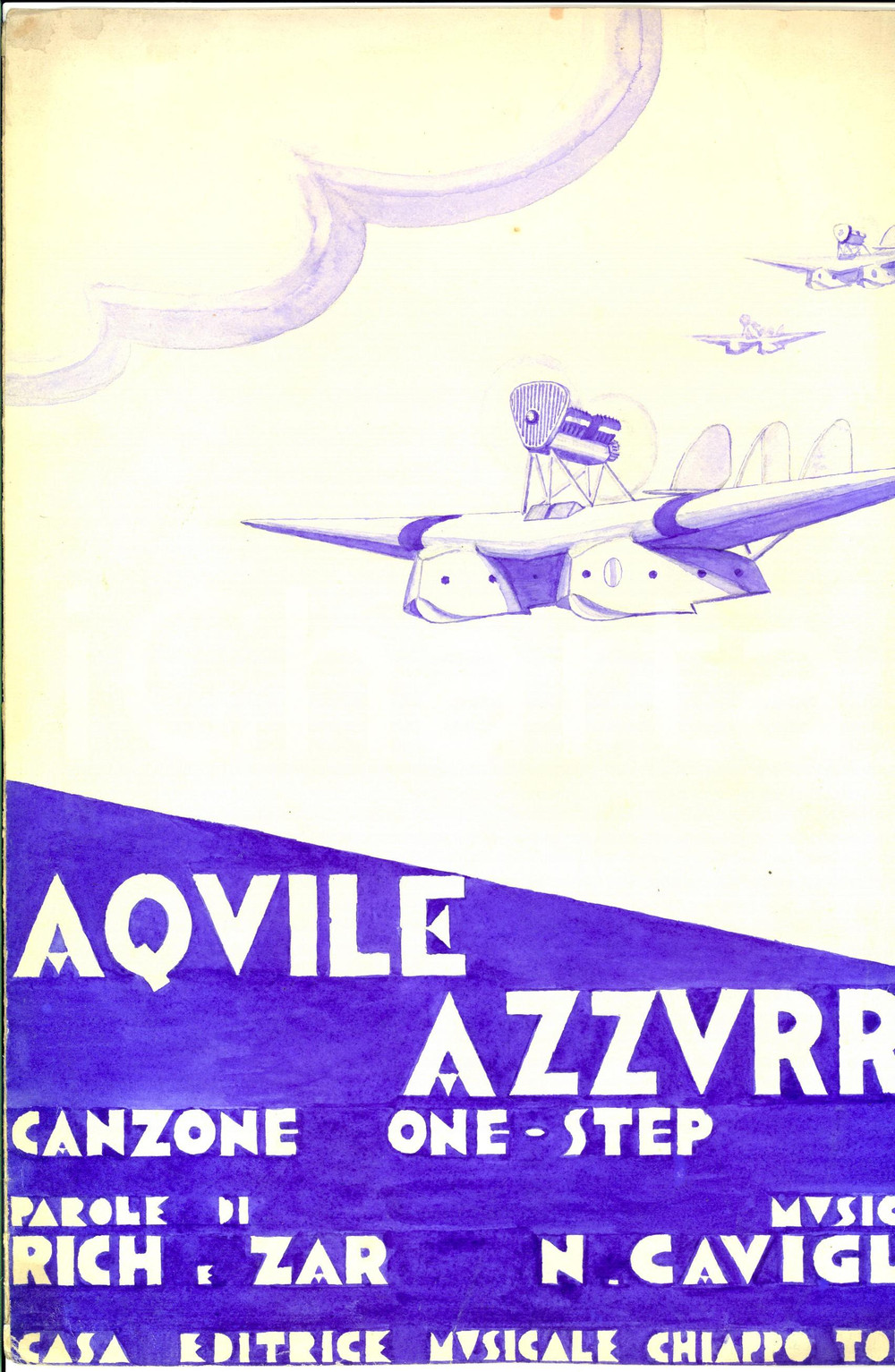 Stampa, bozzetto originale 1930 ca RICH  ZAR  CAVIGLIA Aquile azzurre  BOZZETTO ORIGINALE spartito 1