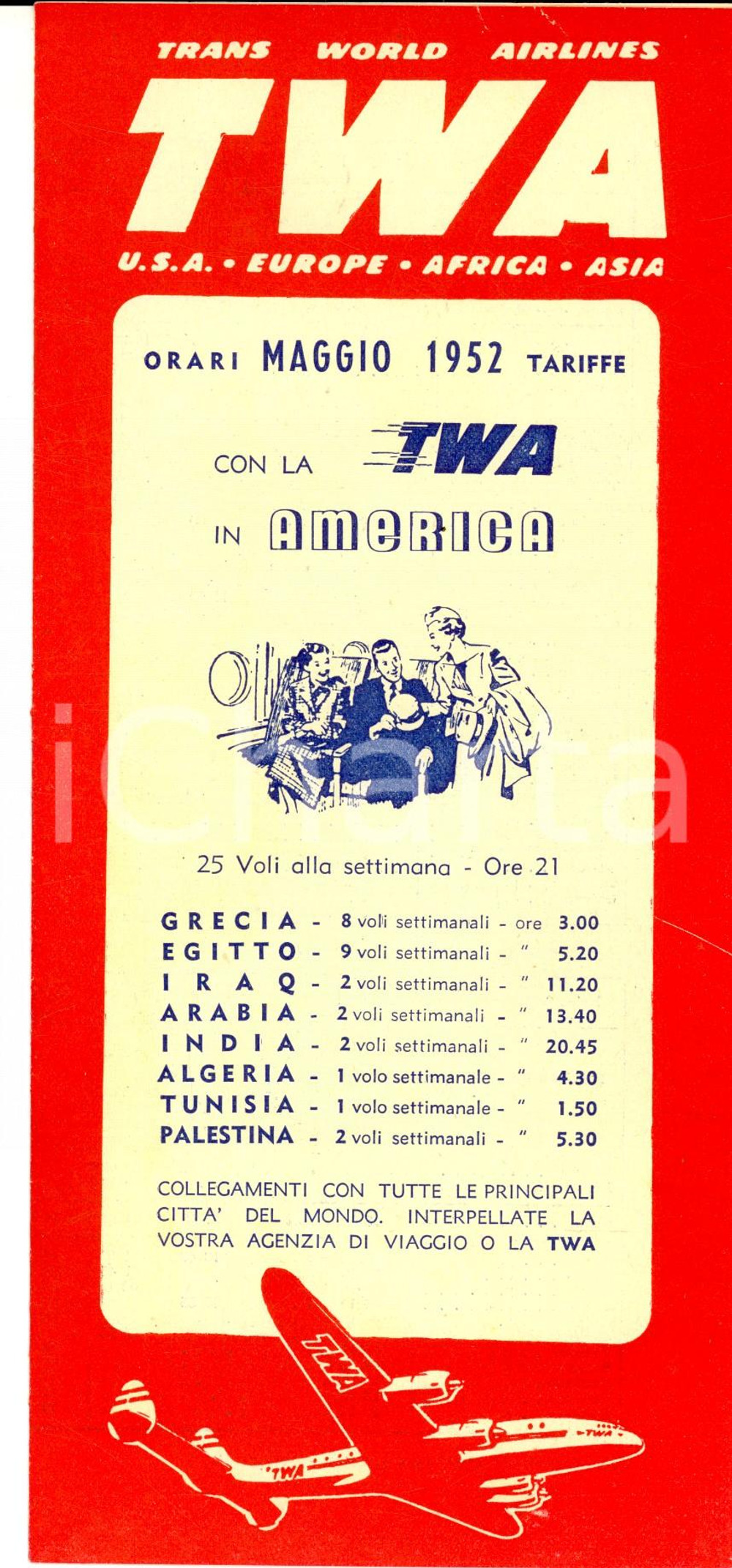 Materiale pubblicitario d’epoca 1952 TWA Trans World Airlines  Orari e tariffe internazionali Pieghevole 1