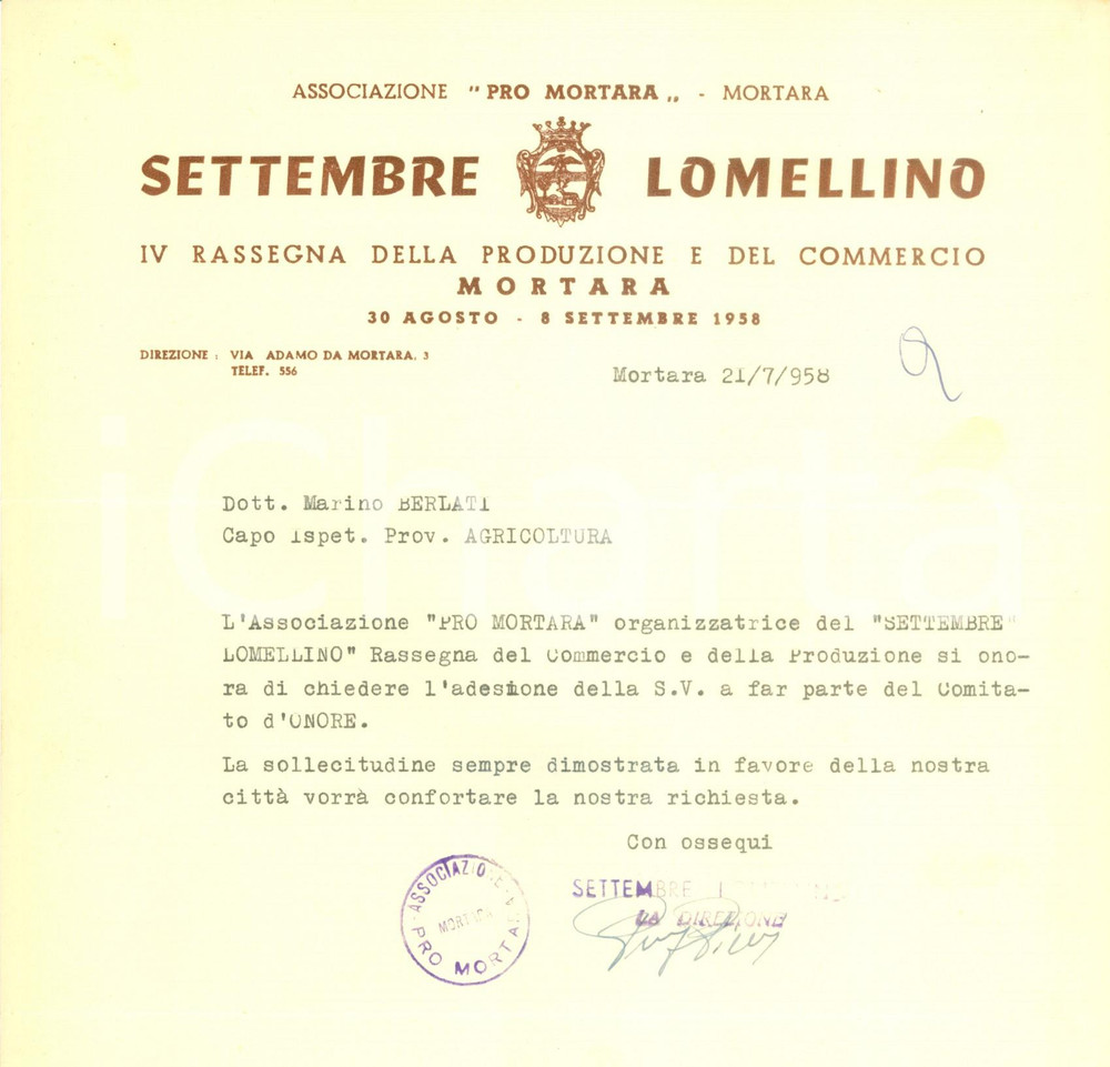 Documento originale, autentico 1958 MORTARA (PV) Settembre Lomellino IV rassegna produzione e commercio Lettera 1