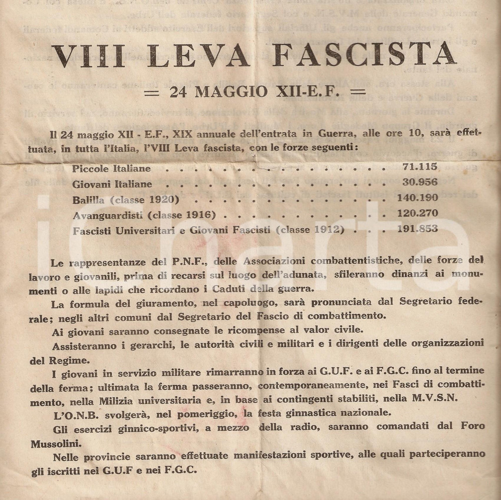 Documento originale, autentico 1934 Partito Fascista Foglio d'ordini, annuale WWI 1