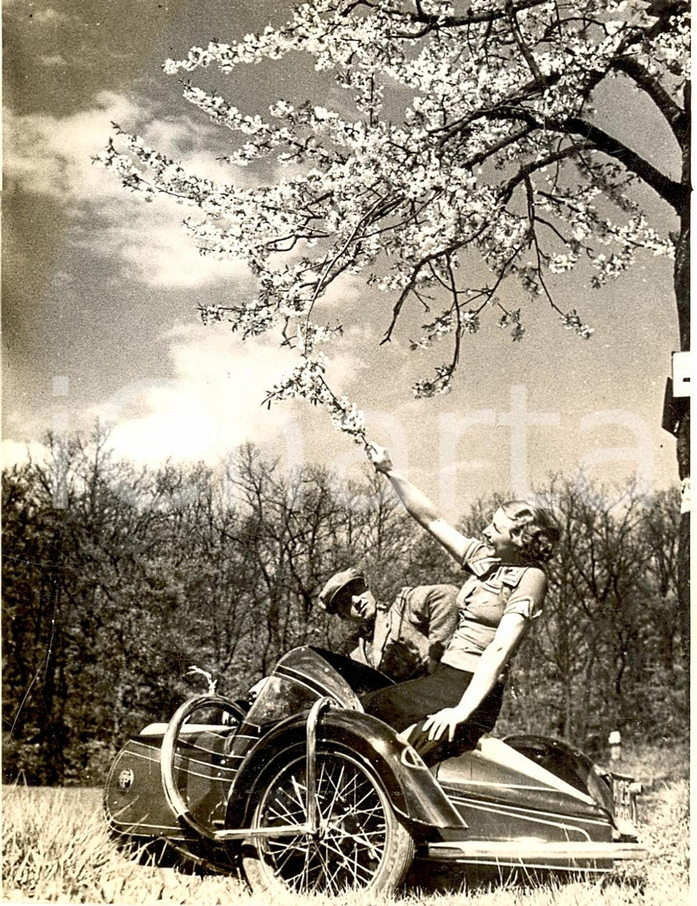 Fotografia d'epoca originale 1939 GERMANIA Gita in campagna sul SIDECAR FrÃ¼hling 1