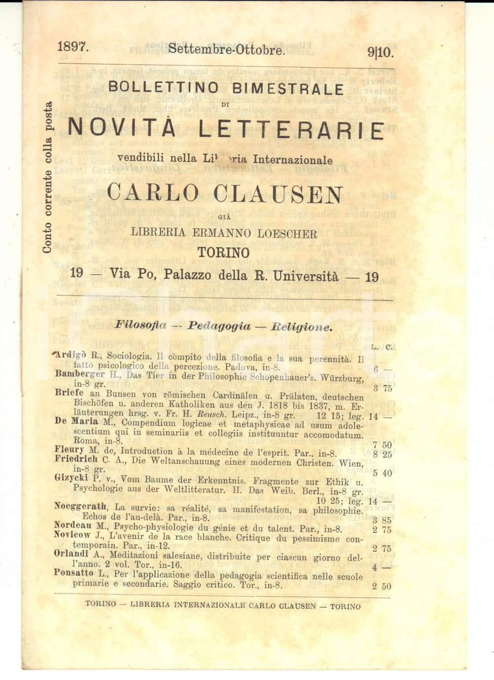 Libro, pubblicazione d epoca 1897 TORINO Catalogo Libreria Internazionale Carlo CLAUSEN nÂ° 910 Filosofia 1