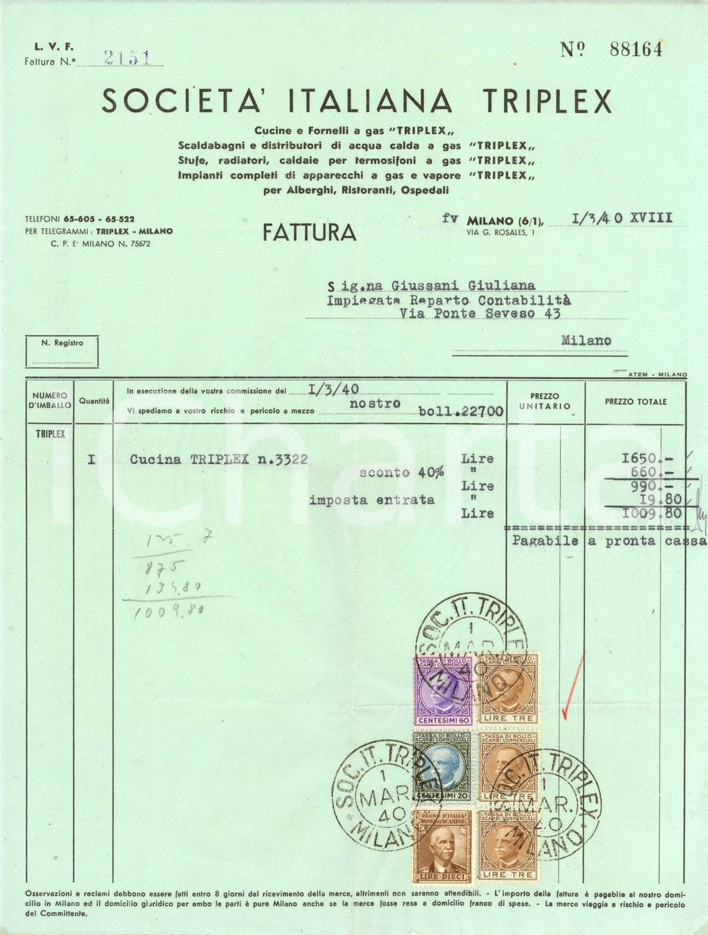 Documento originale, autentico 1940 MILANO SocietÃ  Italiana TRIPLEX  Fornelli e caldaie Fattura intestata 1