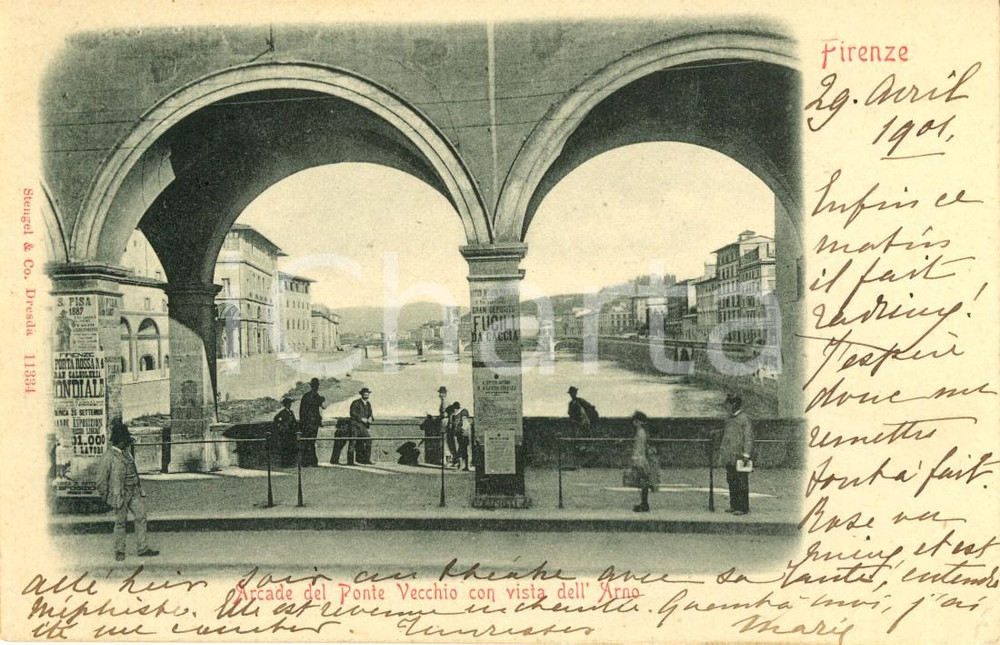Cartolina originale da collezione 1901 FIRENZE Arcate del PONTE VECCHIO con vista sull ARNO Cartolina ANIMATA VG 1
