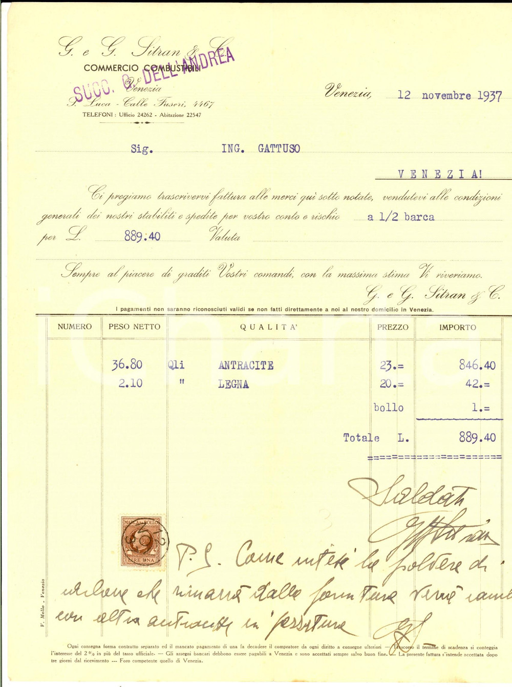 Documento originale, autentico 1937 VENEZIA G. & G. SITRAN & C. Fattura intestata per legna e antracite 1