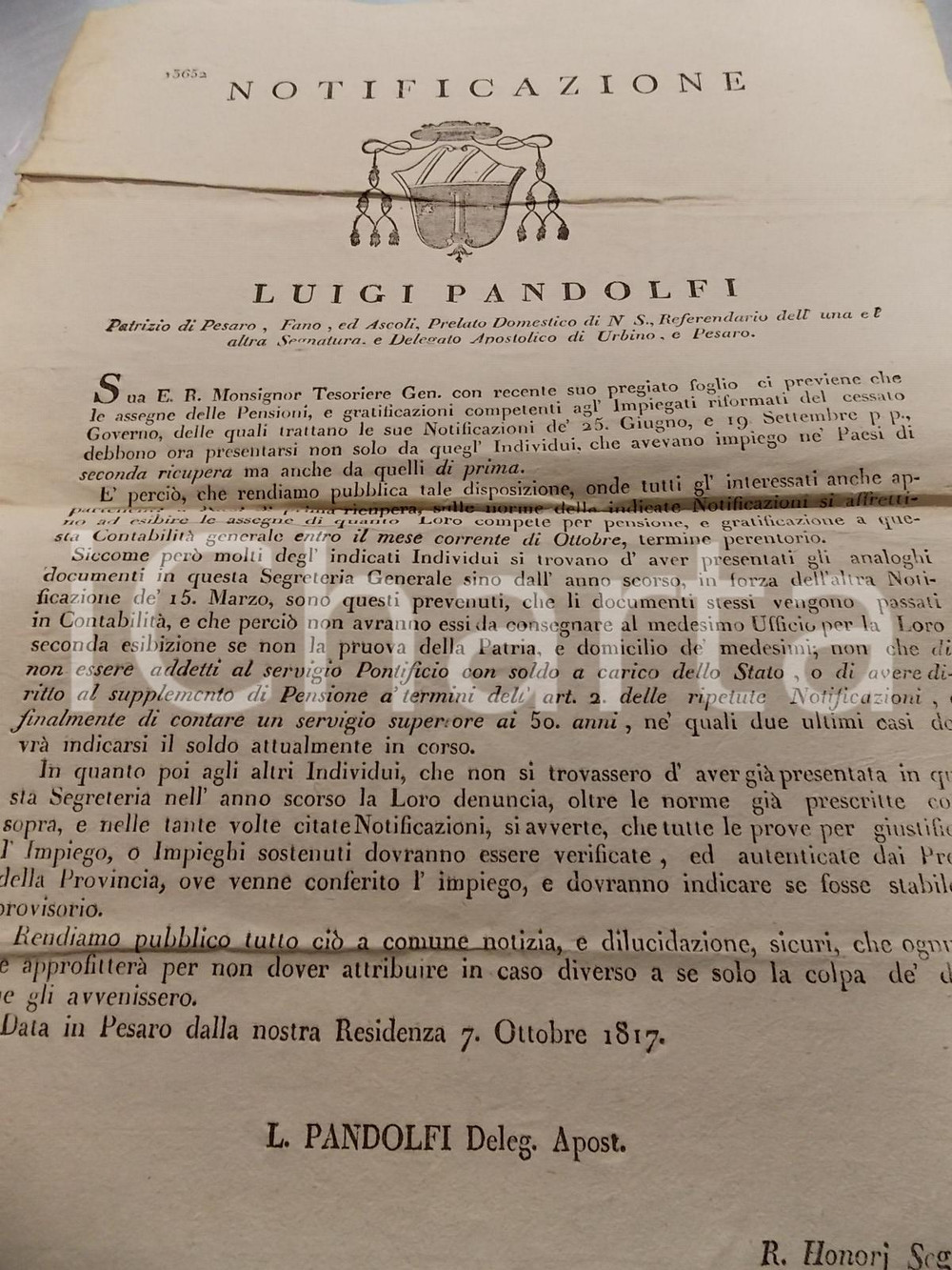 Documento originale, autentico 1817 RESTAURAZIONE PESARO Pensioni a impiegati dei Paesi di prima recupera 1