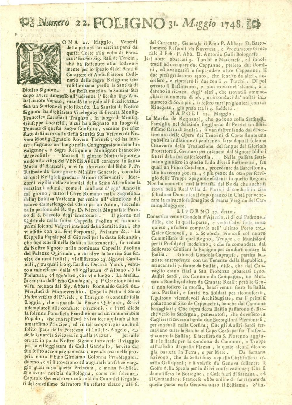 Giornale, rivista storica 1748 GIORNALE DI FOLIGNO n. 22 Manovre in ITALIA guerra di successione austriaca 1