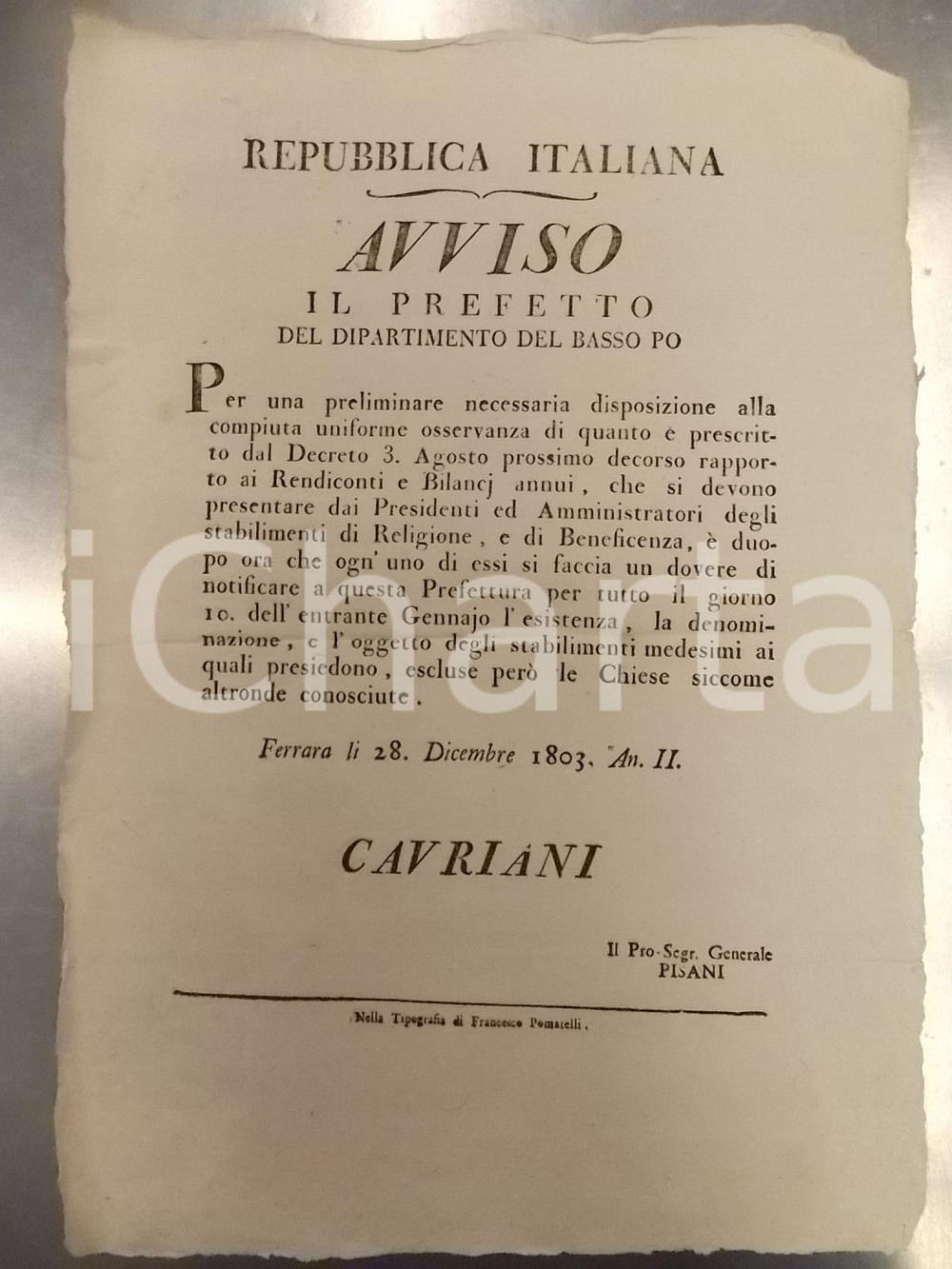 Documento originale, autentico 1803 REPUBBLICA ITALIANA FERRARA Denuncia presidenti enti Beneficenza *Manifesto 1