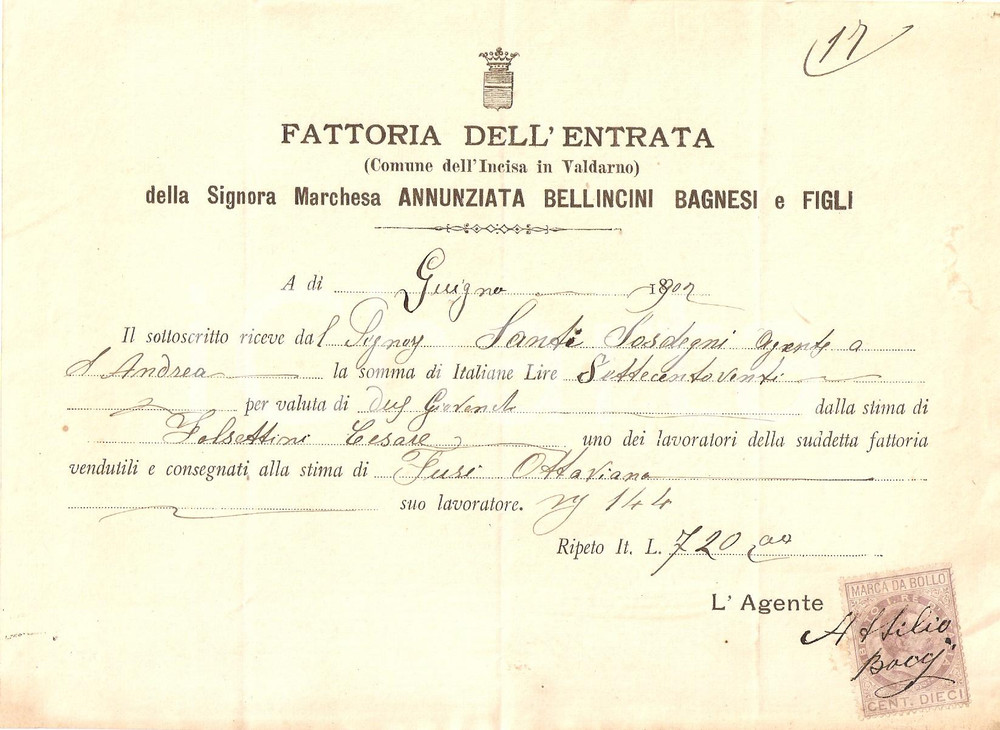 Documento originale, autentico 1902 INCISA IN VAL D ARNO FI Fattoria ANNUNZIATA BELLINCINI BAGNESI Ricevuta 1