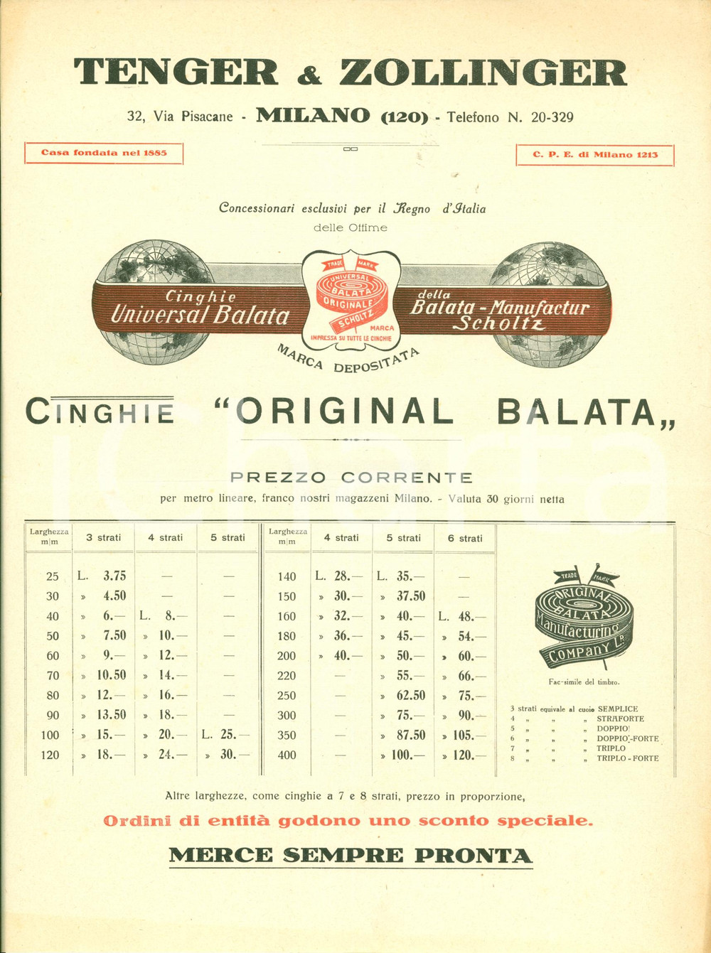 Materiale pubblicitario d’epoca 1930 ca MILANO Cinghie Original Balata TENGER & ZOLLINGER Listino prezzi 1