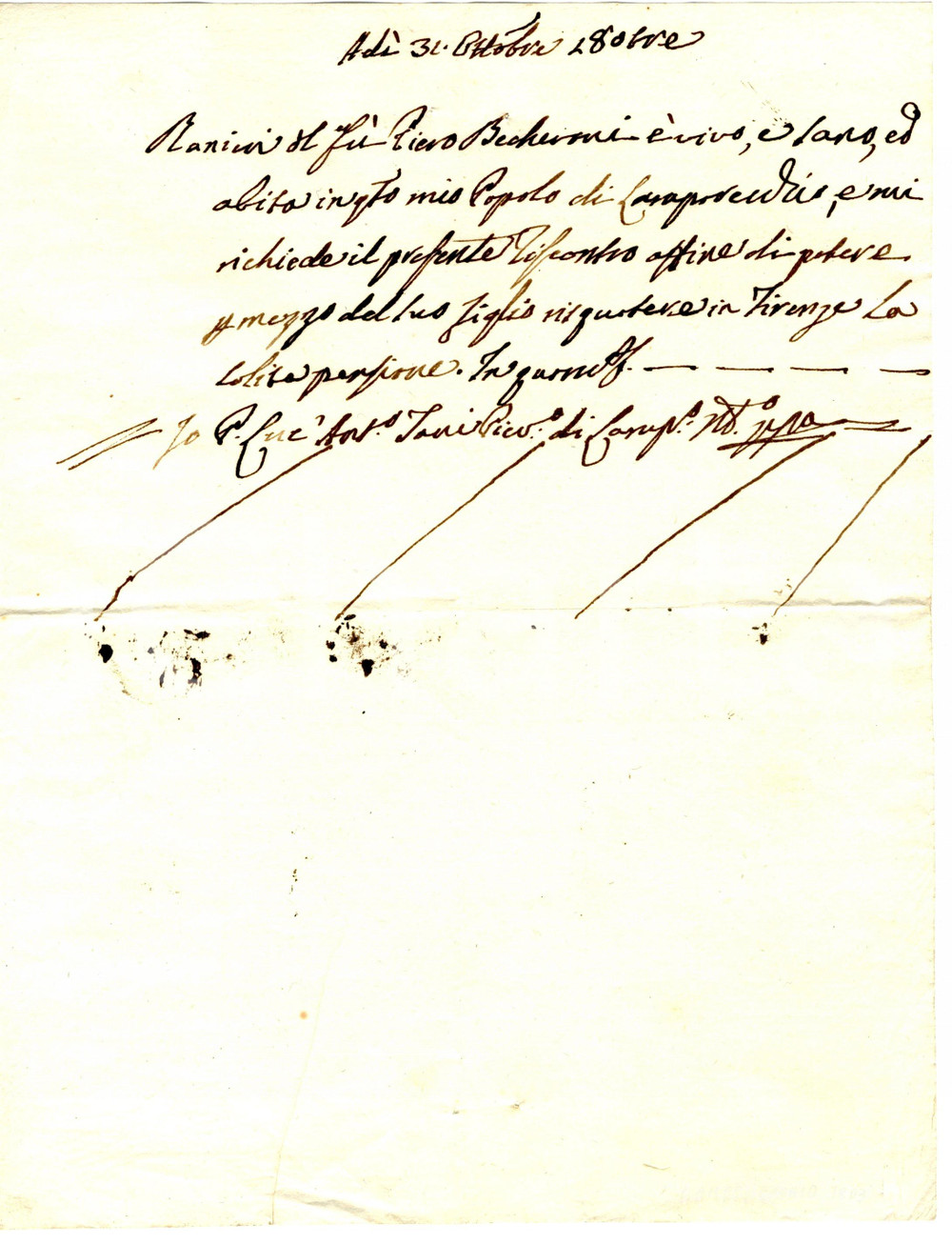 Documento originale, autentico 1803 LAMPORECCHIO PT Certificato vita Ranieri BECHERINI 1