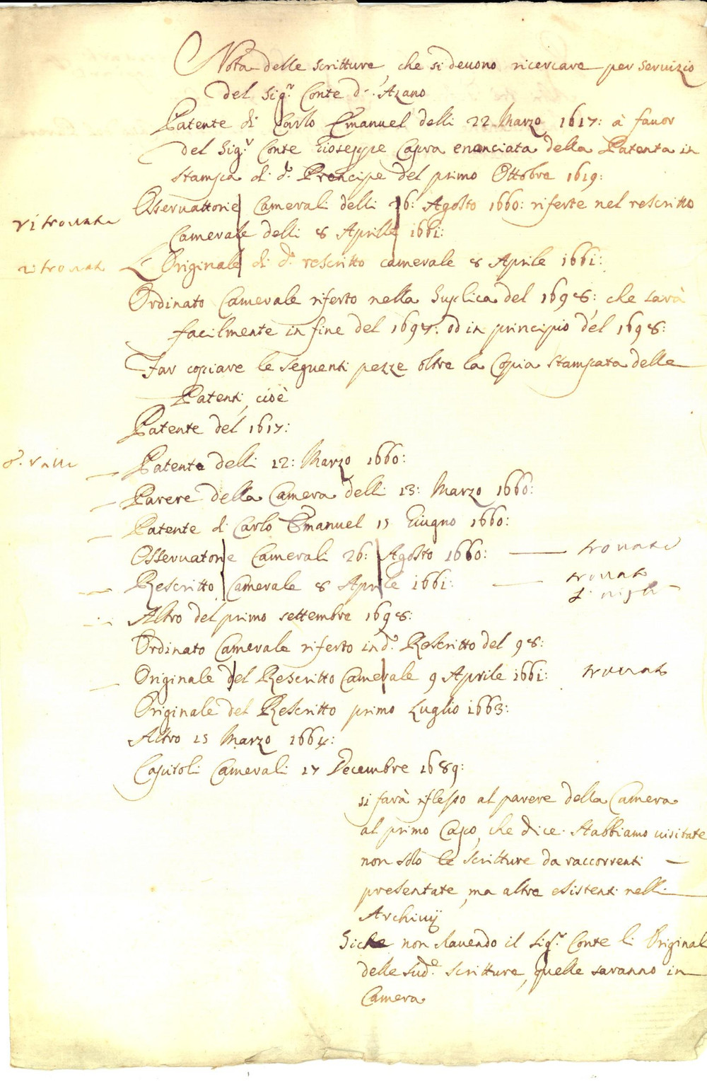 Documento originale, autentico 1700 ca ASTI Nota delle scritture da ricercare per servizio del conte di AZZANO 1