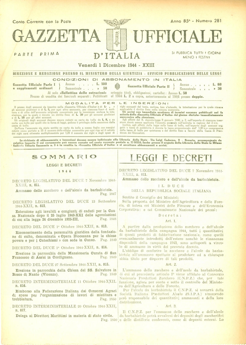 Documento originale, autentico 1944 GAZZETTA UFFICIALE RSI Ammasso zucchero e alcool barbabietole C.N.P.Z. 1