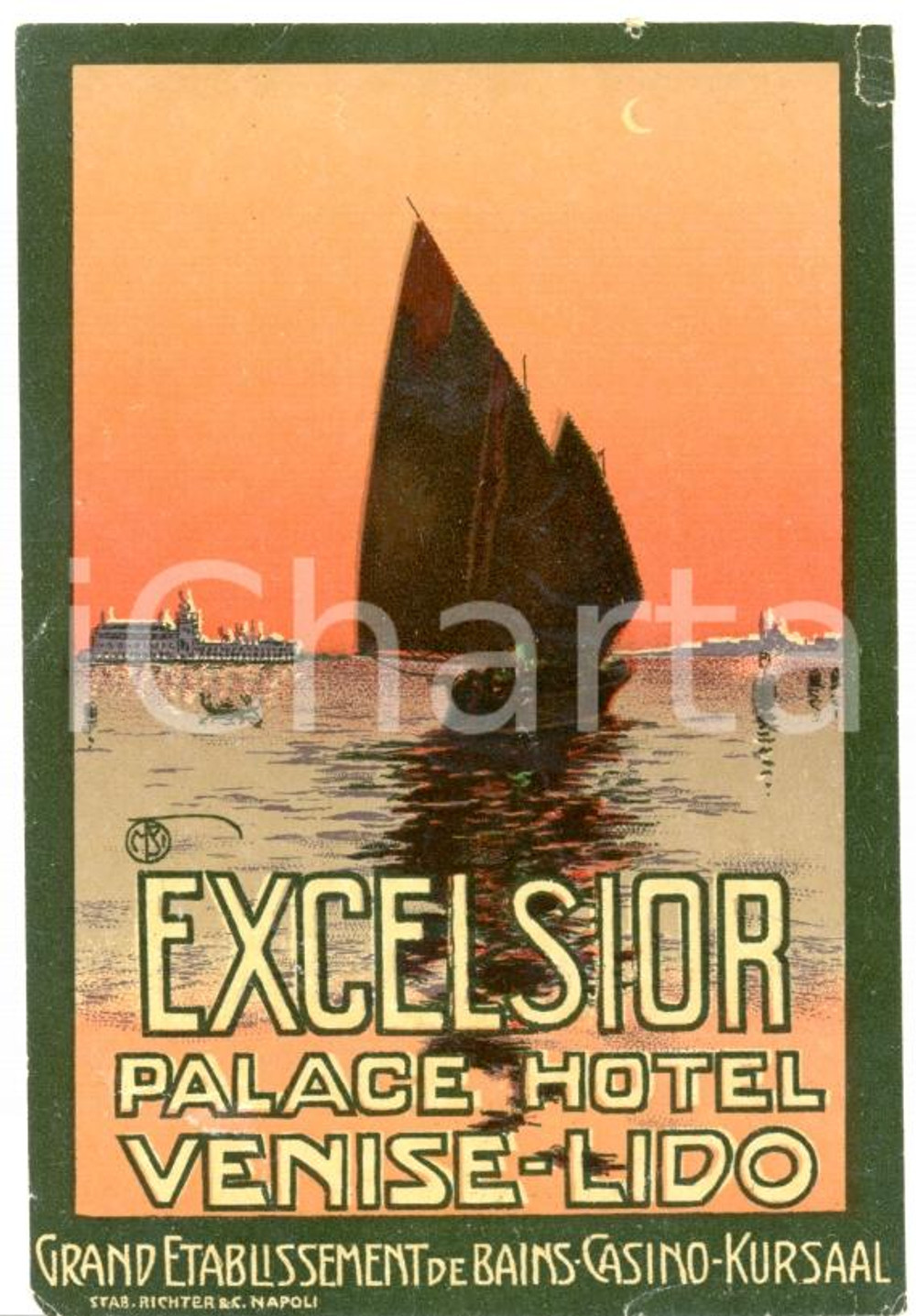 Materiale pubblicitario d’epoca 1935 ca LIDO di VENEZIA Palace Hotel EXCELSIOR etichetta ILLUSTRATA 1
