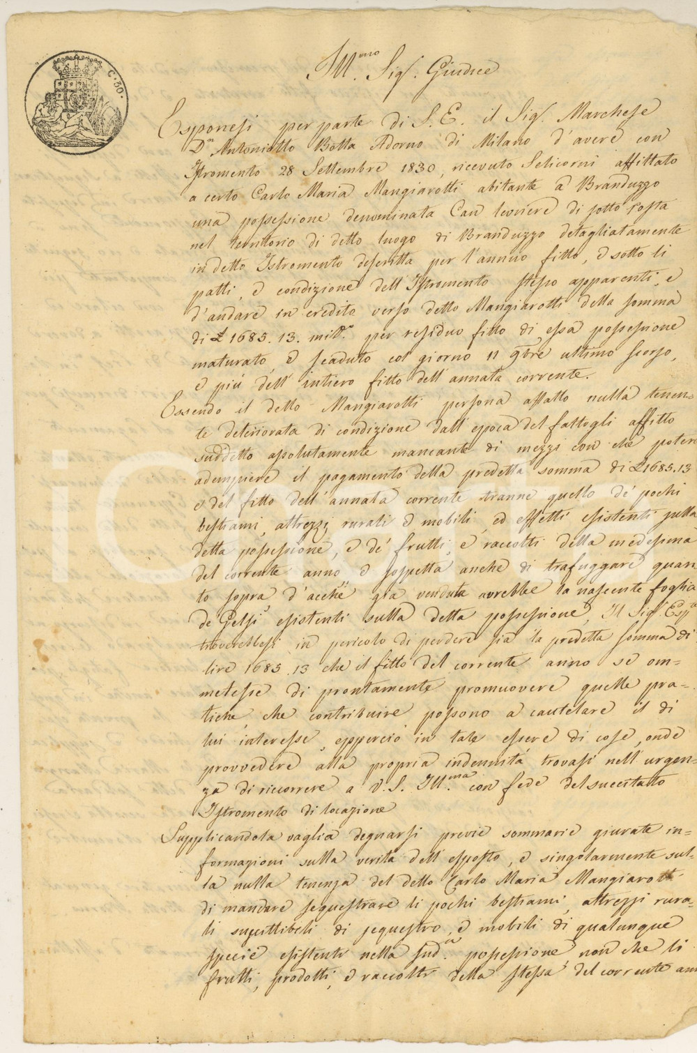 Documento originale, autentico 1833 CASATISMA (PV) Petizione Antoniotto BOTTA ADORNO contro affittuario moroso 1