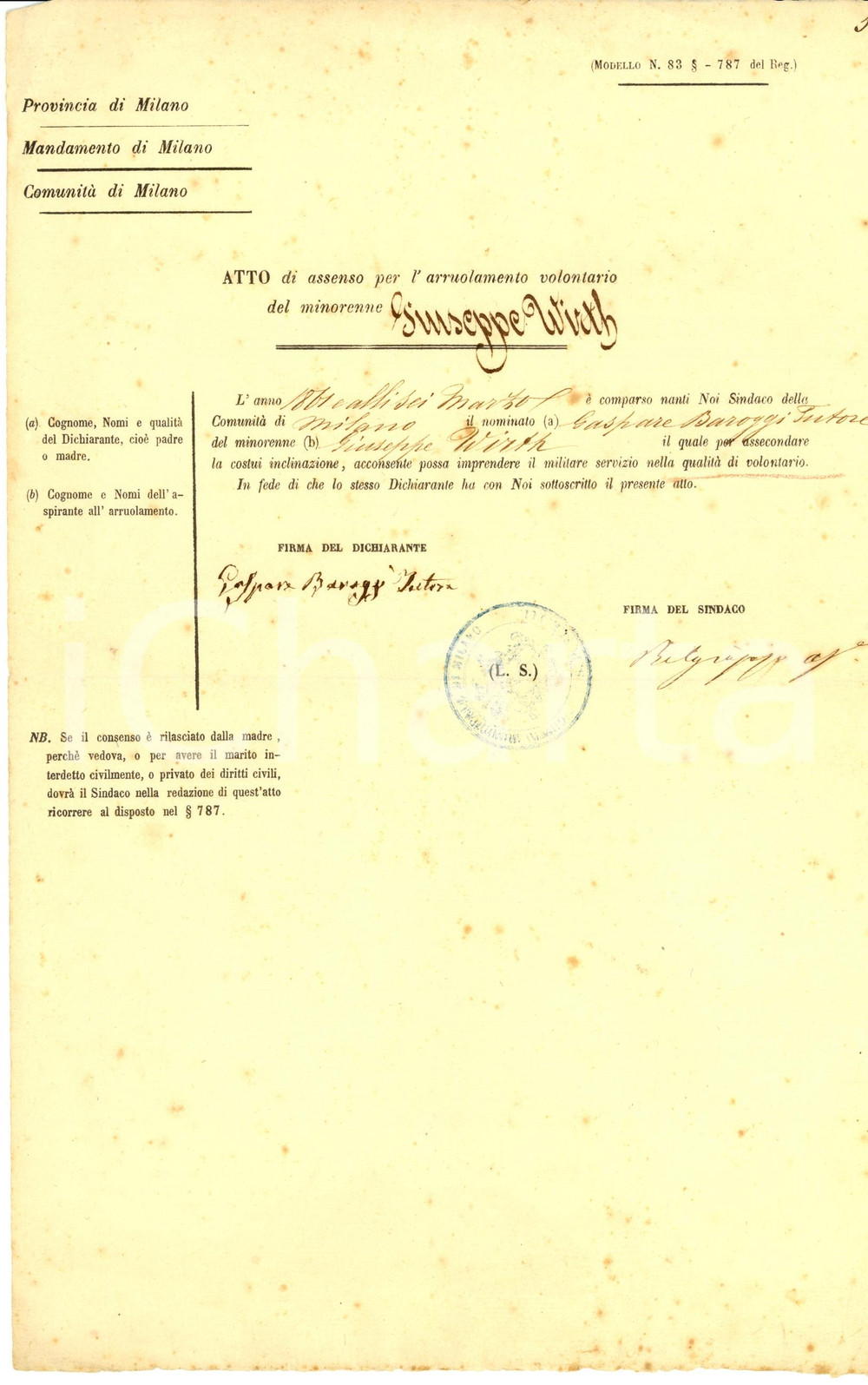 Documento originale, autentico 1861 MILANO Giuseppe WIRTH minore arruolato volontario 1