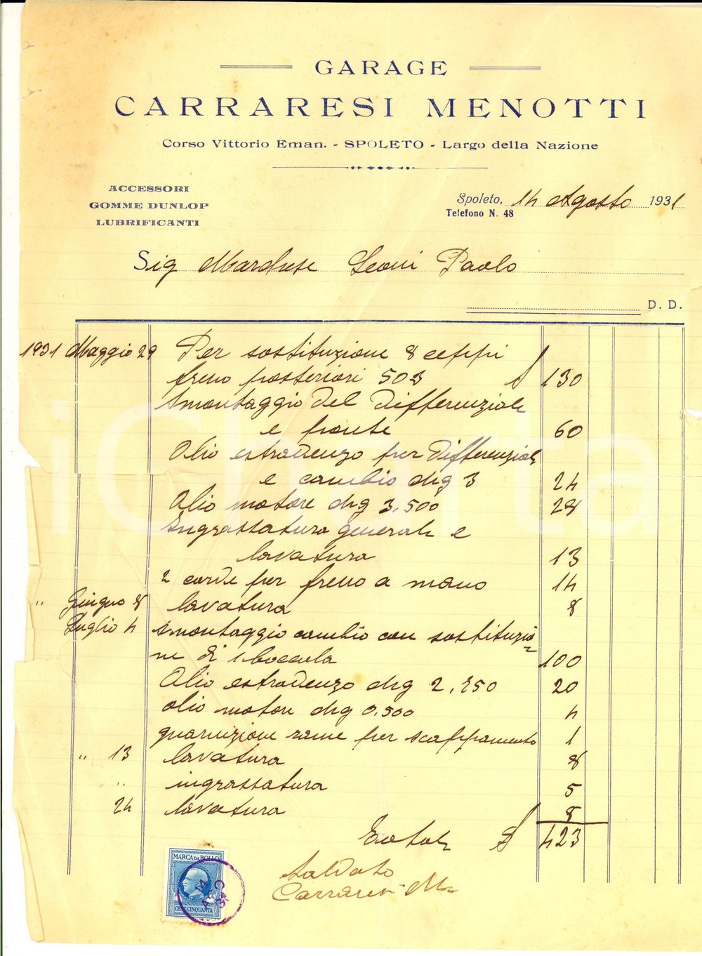 Documento originale, autentico 1931 SPOLETO PG Garage Menotti CARRARESI Fattura manoscritta per lavori freni 1