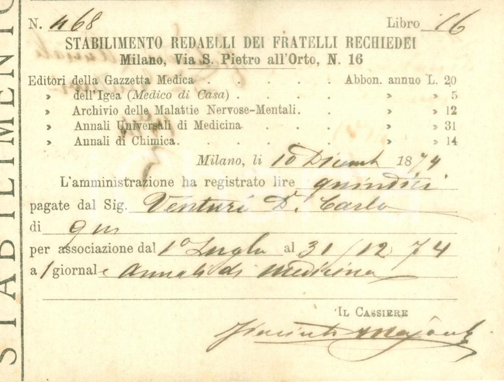 Documento originale, autentico 1874 MILANO Stabilimento REDAELLI Fratelli RECHIEDEI Ricevuta abbonamento 1