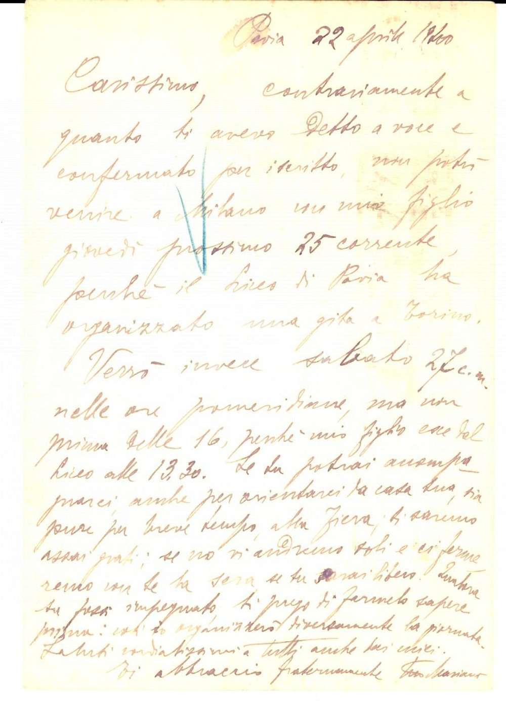 Autografo originale 1940 PAVIA Mariano MARESCA promette una visita a Milano  Autografo 1