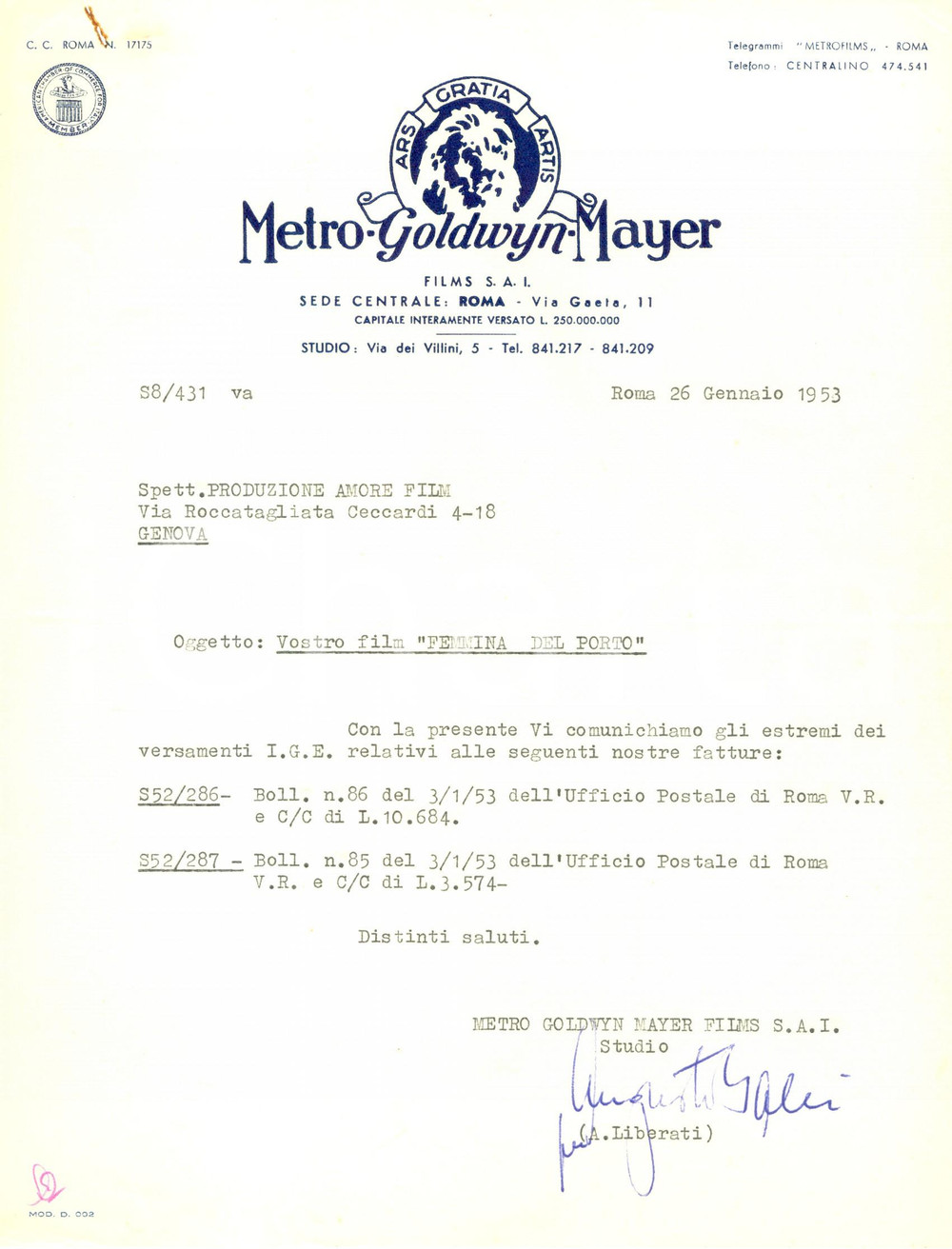 Manoscritto, lettera originale 1953 ROMA METRO GOLDWIN MAYER chiede saldo di  Femmina del porto  Lettera 1