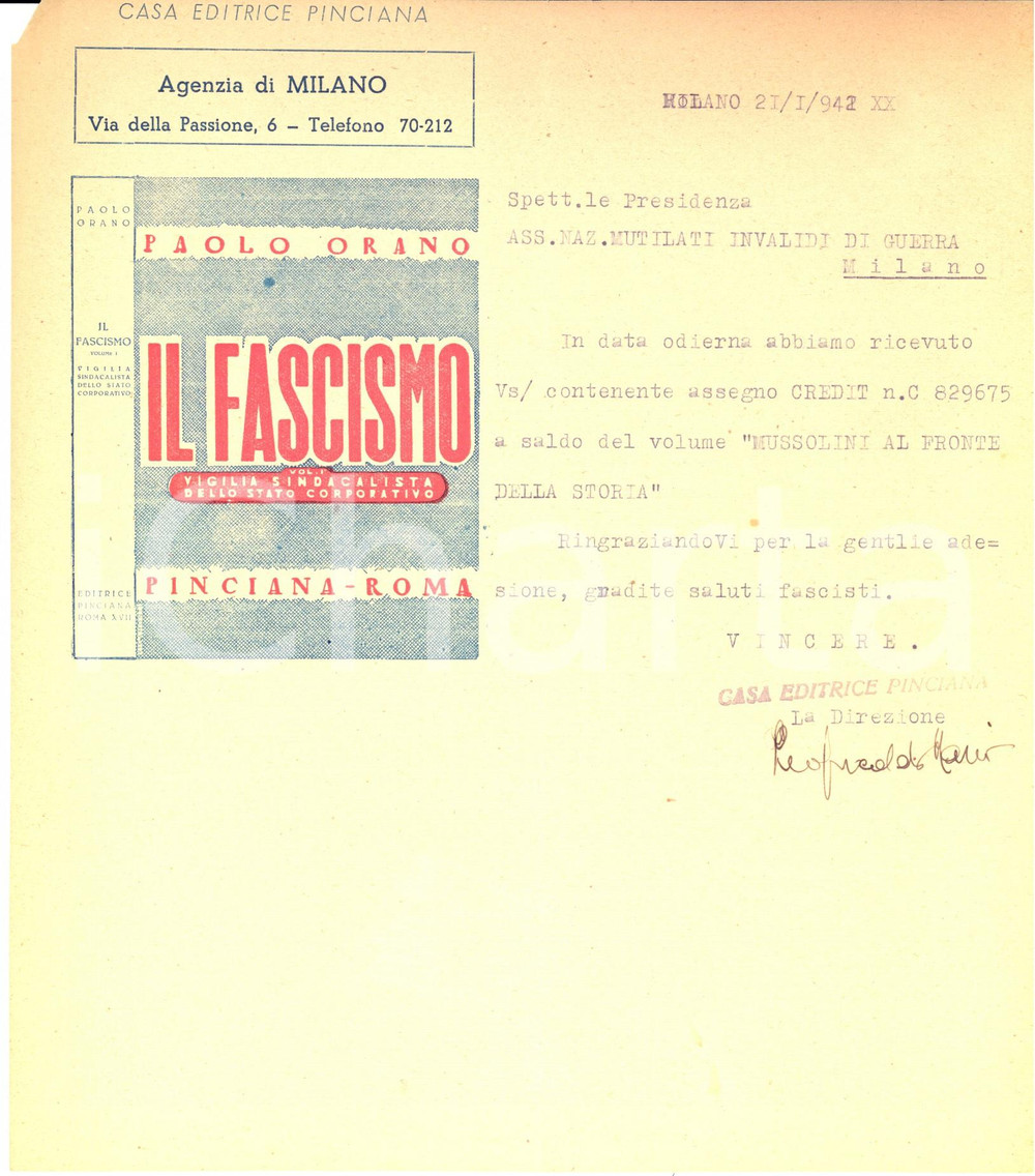 Documento originale, autentico 1942 MILANO Casa Editrice PINCIANA ringrazia per acquisto volume MUSSOLINI 1