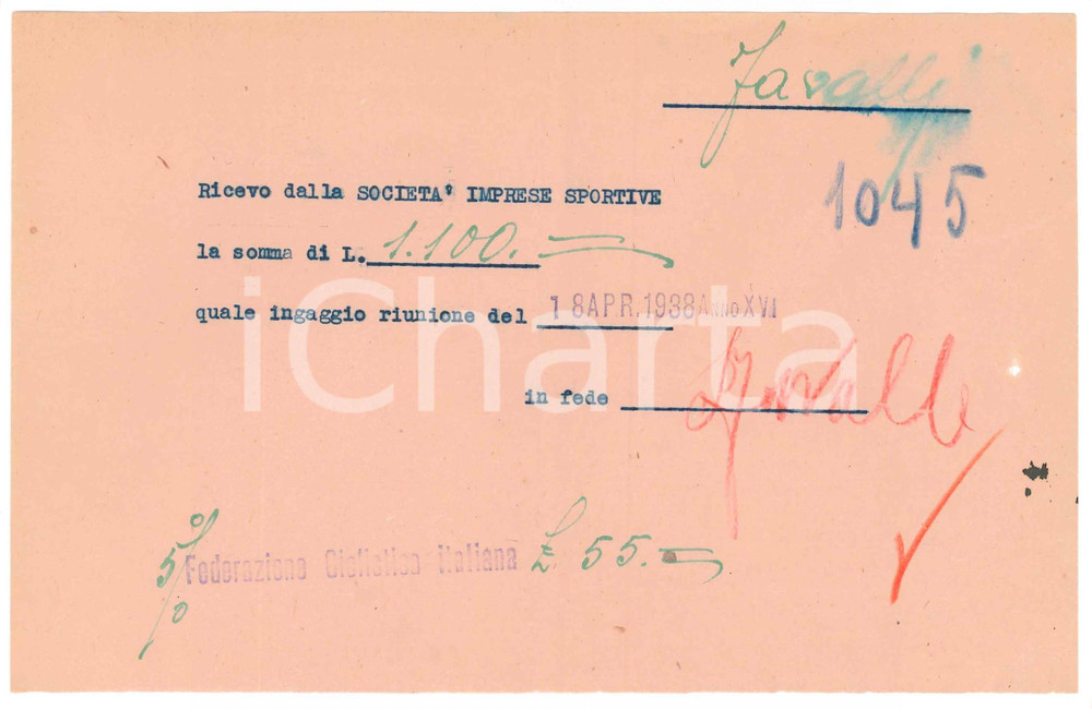 Autografo originale 1938 CICLISMO MILANO Ricevuta Pierino FAVALLI  Ingaggio riunione AUTOGRAFO 1