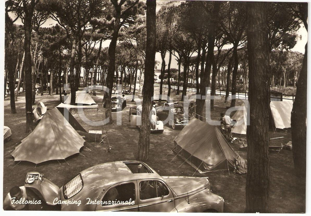Cartolina originale da collezione 1958 FOLLONICA GR Tende al CAMPING INTERNAZIONALE Cartolina FG VG 1