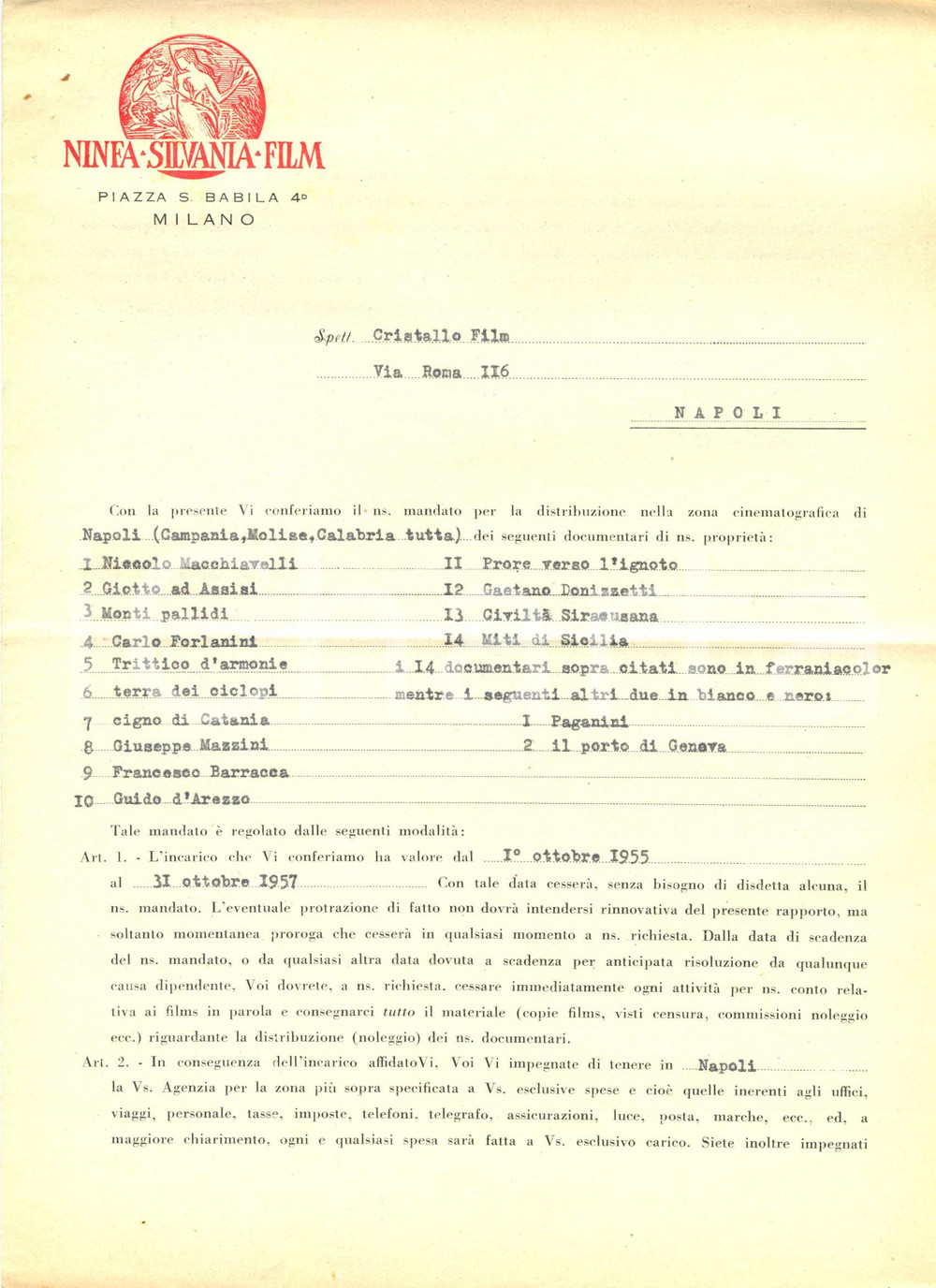 Documento originale, autentico 1955 MILANO Mandato NINFA SILVANIA FILM a CRISTALLO FILM per documentari 1