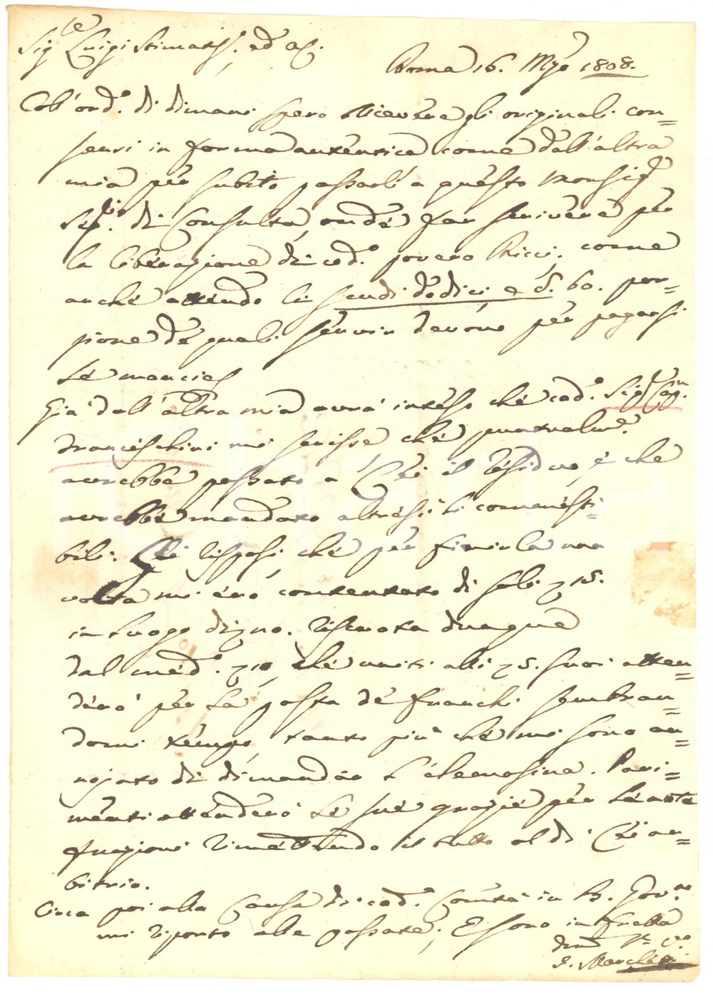 Manoscritto, lettera originale 1808 ROMA Intercessione avvocato MARCHETTI per detenuto RICCI Lettera 1