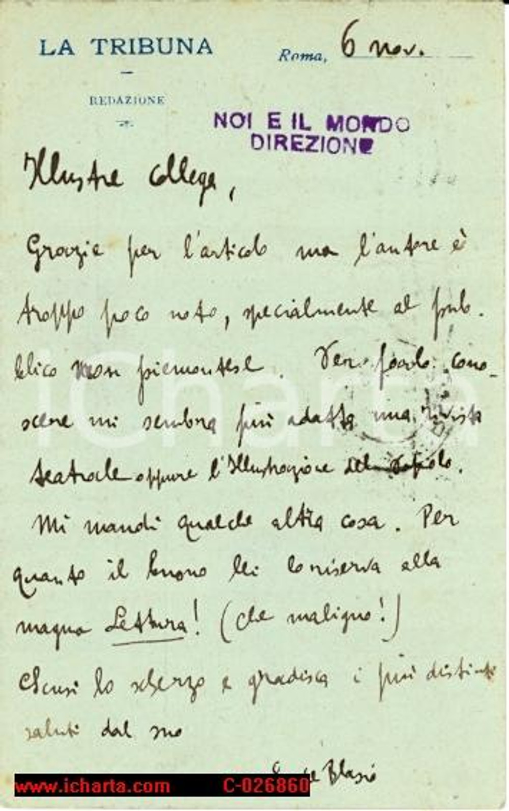 Autografo originale 1922 LA TRIBUNA NOI E IL MONDO per CESARE LEVI fp 1