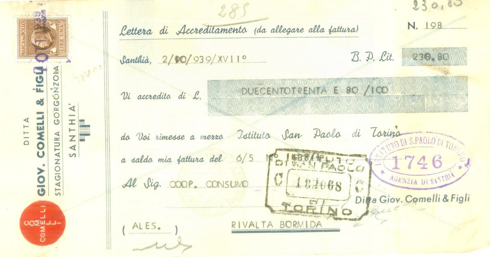 Documento originale, autentico 1939 SANTHIA  VC Ditta Giovanni COMELLI Stagionatura gorgonzola Accredito 1