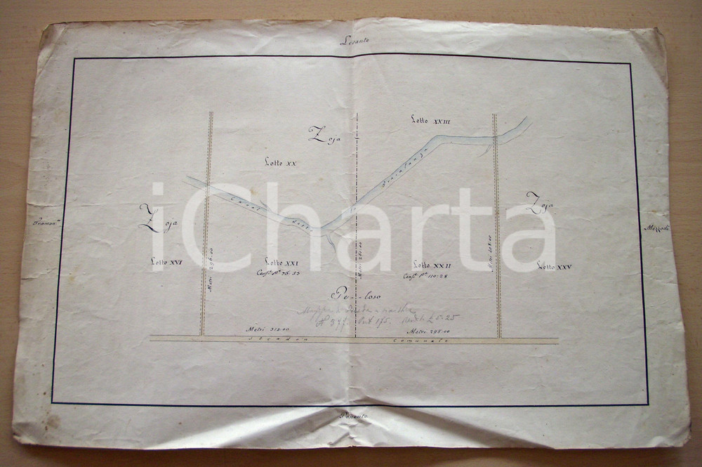 Stampa, bozzetto originale 1860 LATISANA UD Planimetria terre ZOJA  GELOSO 1
