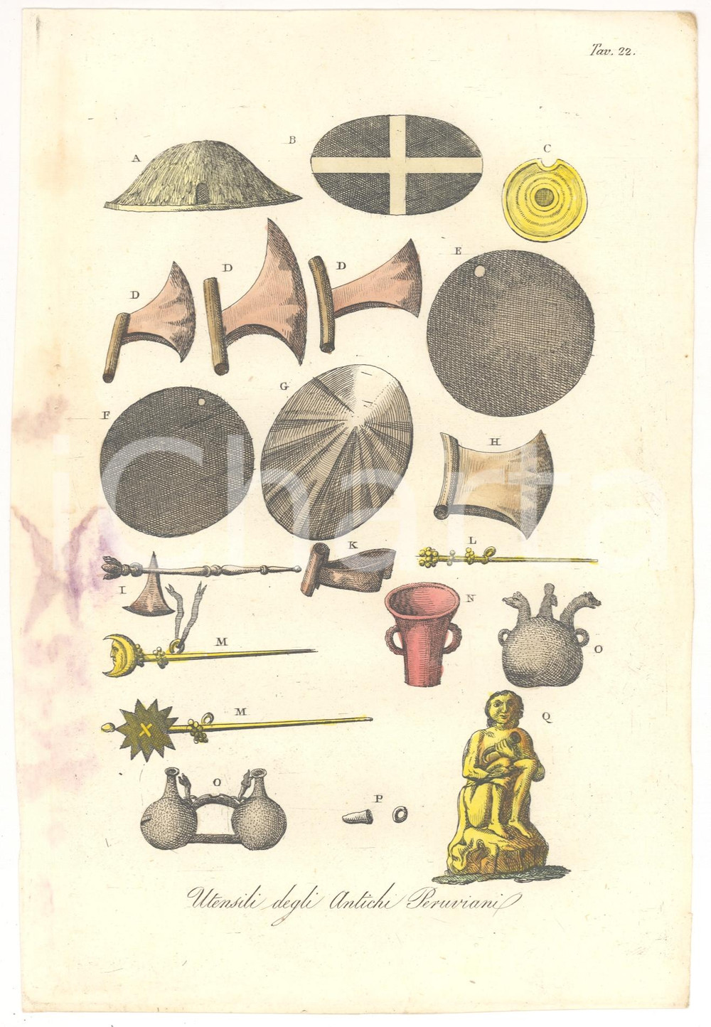 Stampa, bozzetto originale 1823 Stampa colorata a mano Utensili Antichi Peruviani 1