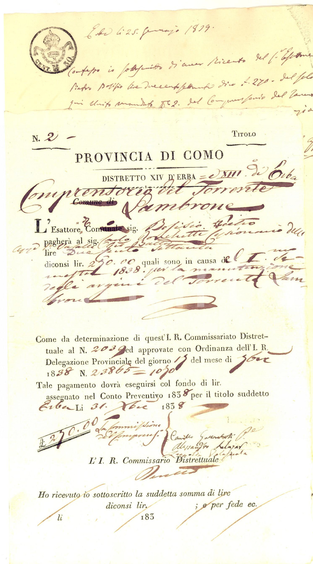 Documento originale, autentico 1837 ERBA CO Saldo Pietro BOSISIO per manutenzione argini torrente LAMBRONE 1