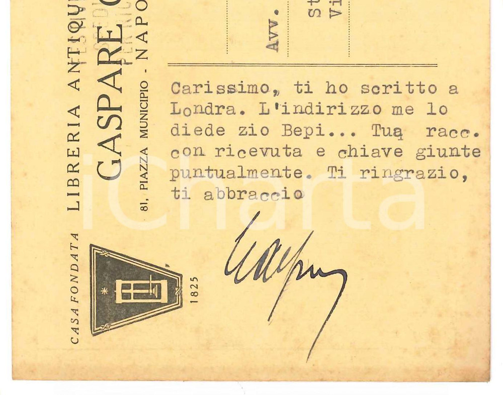 1950 ca NAPOLI Cartolina libraio antiquario Gaspare CASELLA - Autografo