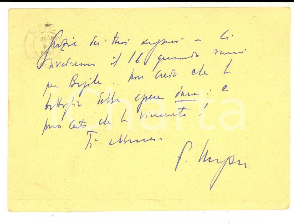 1951 ROMA Cartolina ringraziamento avv. Filippo UNGARO a un collega - AUTOGRAFO Cartolina postale interamente autografa del noto avvocato e politico. CONDIZIONI: G     originale e autentica 1